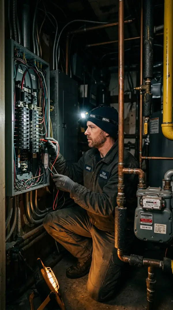 Técnico revisando un tablero eléctrico junto a una instalación de gas