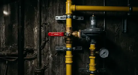 Cañería de gas amarilla con llave de paso y regulador