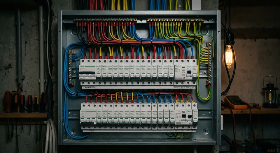 Tablero eléctrico con disyuntores y llaves térmicas ordenado y cableado por colores